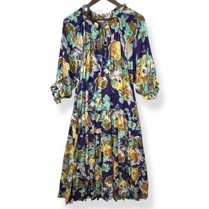 Easel Los Angeles M Dress Floral Tier Ruffle Neck Tassel Tie Rayon‎ Boho Cottage
